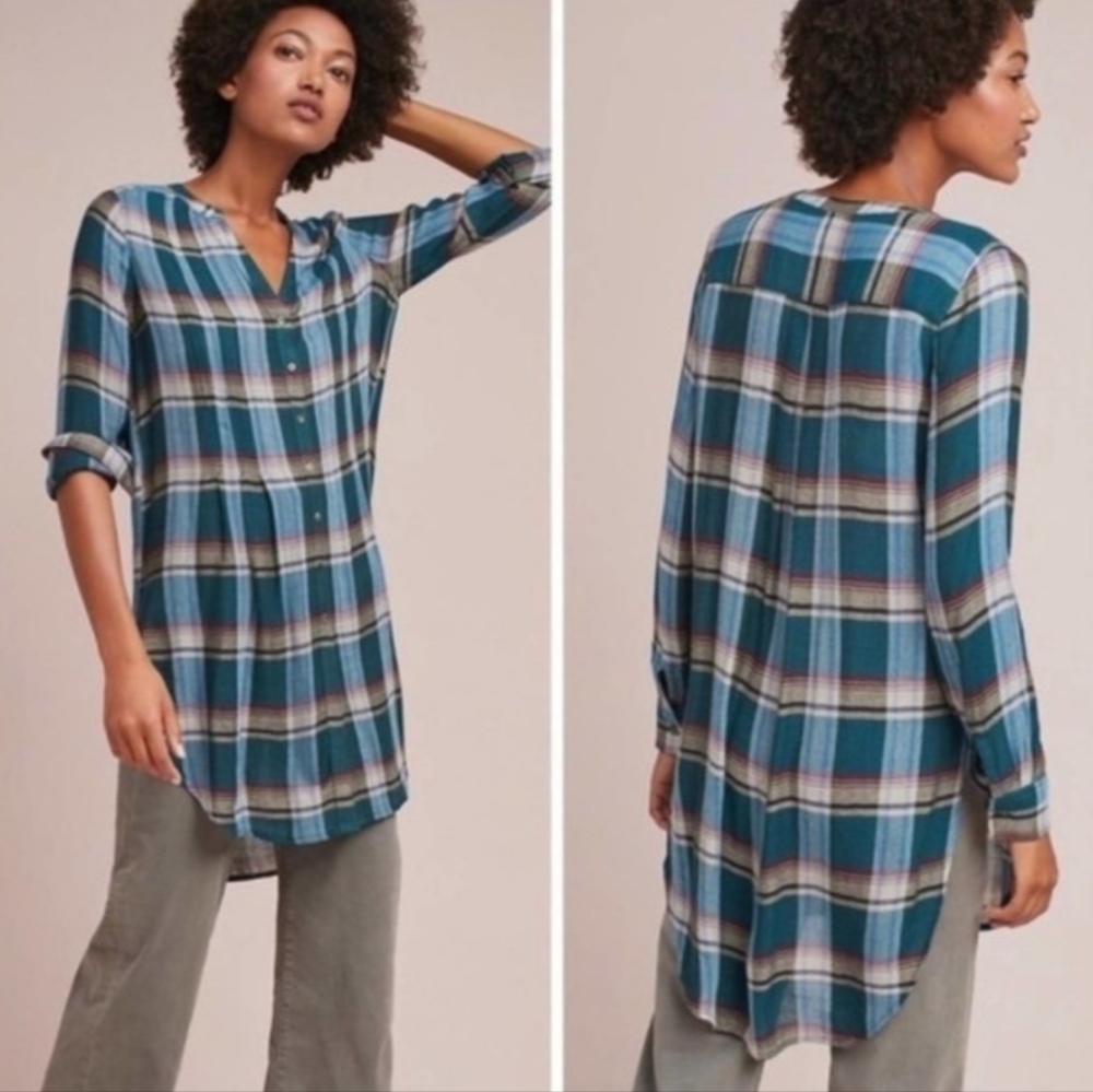 Anthropologie Akemi + Kin Lucie Blue Green Plaid Button Down shirt S